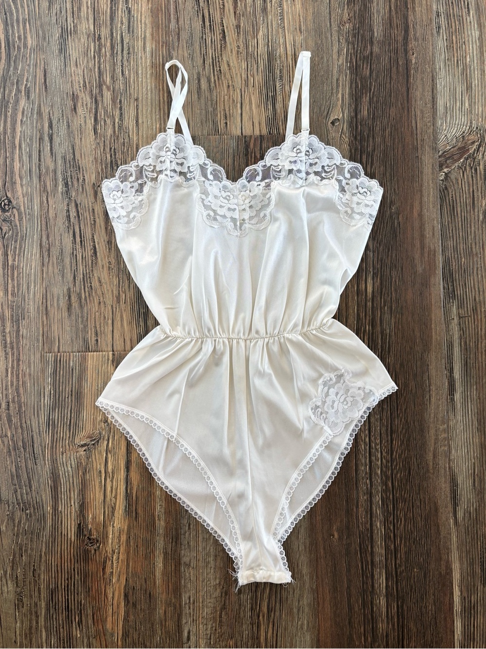 Ashley Taylor Antron Nylon Teddy Bodysuit Romper Medium Ivory Lace Trim Coquette
